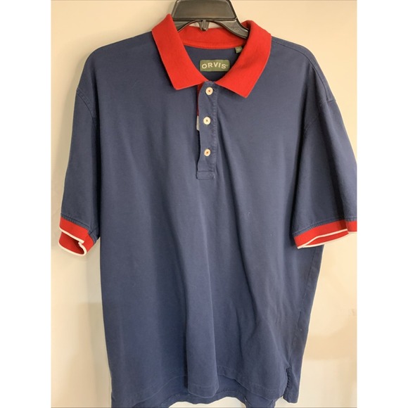 Vintage Orvis Men's SS Polo Shirt Sz Large Golf Outdoors Red White Blue Cotton - Picture 2 of 6